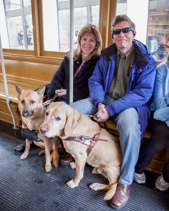 A couple with their guide dogs smiling at the camera while sitting on a trolley car