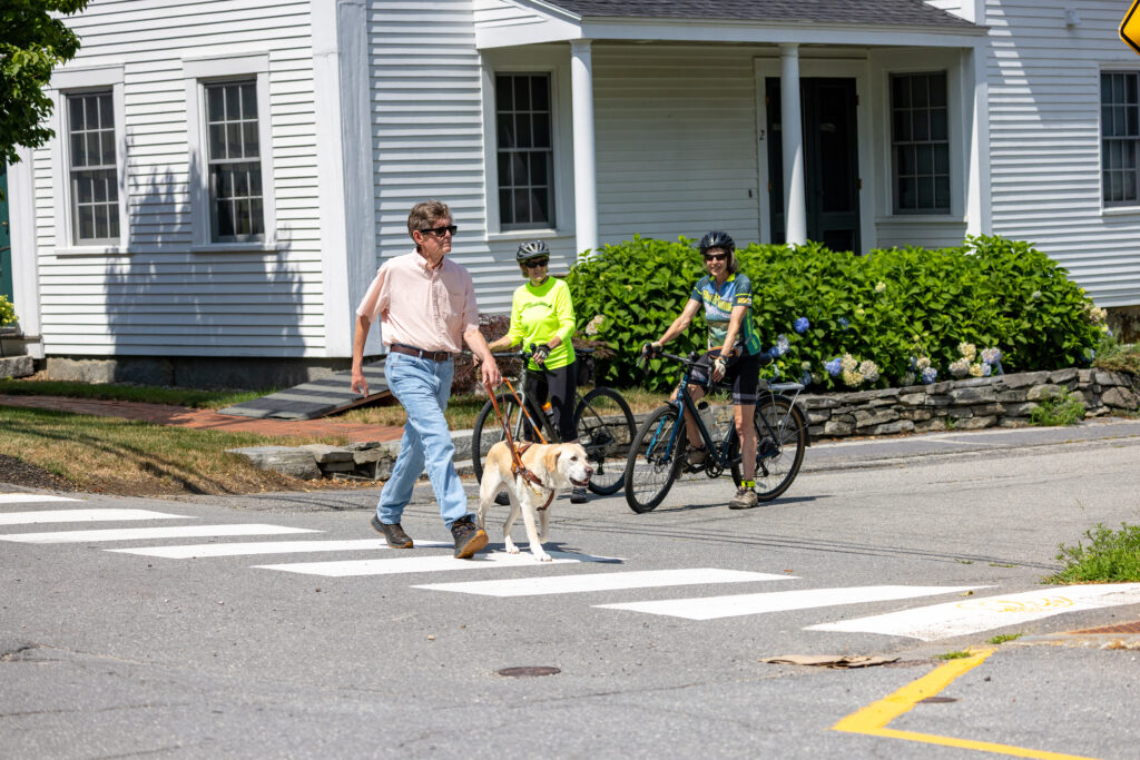 A man wearing a pale pink shirt, blue jeans, and sunglasses crosses a marked crosswalk with a yellow Lab guide dog. Two helmeted cyclists wait with their bicycles behind the team.